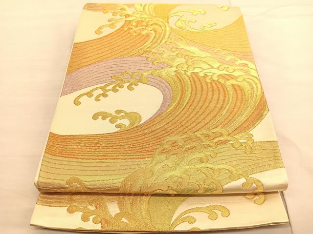平和屋着物◎六通柄袋帯 立波文 金糸 正絹 逸品 BAAV1716hv