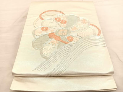 平和屋着物◎太鼓柄袋帯　総刺繍　駒刺繍　立波花文　引箔　正絹　逸品　BAAV1764hv