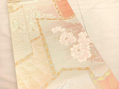 平和屋着物◎六通柄袋帯　屏風牡丹花文　金銀糸　正絹　逸品　BAAV1768hv
