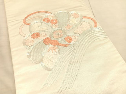 平和屋着物◎太鼓柄袋帯　総刺繍　駒刺繍　立波花文　引箔　正絹　逸品　BAAV1764hv