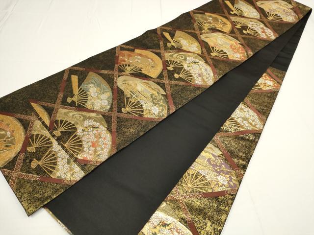 平和屋着物▼六通柄袋帯　扇面天井花文　黒地　金銀糸　正絹　逸品　AABA1577wj