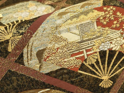 平和屋着物▼六通柄袋帯　扇面天井花文　黒地　金銀糸　正絹　逸品　AABA1577wj