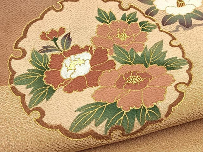 平和屋着物●九寸名古屋帯 手描き 雪輪花文 香色 金彩 鬼しぼ縮緬 正絹 逸品 BAAU8527yc