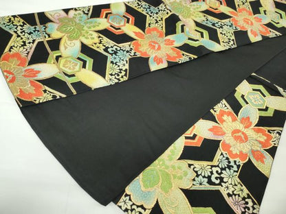 平和屋着物◎六通柄袋帯　唐織　亀甲花文　黒地　金糸　正絹　逸品　DAAW8655qa