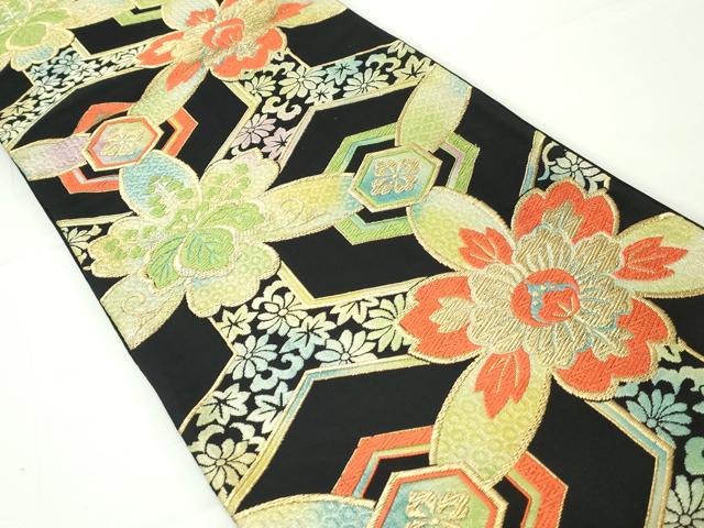 平和屋着物◎六通柄袋帯　唐織　亀甲花文　黒地　金糸　正絹　逸品　DAAW8655qa