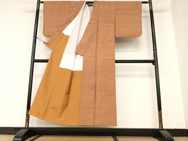 平和屋着物●結城紬　色無地　柿渋色　正絹　逸品　AABA0126zg
