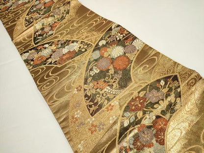 平和屋着物▼六通柄袋帯　唐織　扇面小袖吉祥文　金糸　正絹　逸品　AABA1644wj