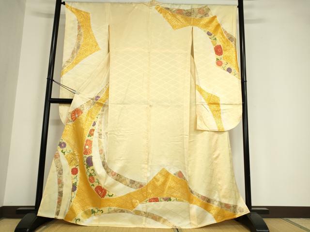 平和屋着物▽豪華振袖 単衣 駒刺繍 短冊花文 金彩 正絹 逸品 DAAV5804az