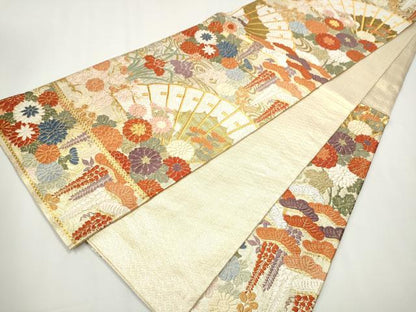 平和屋着物●佐賀錦 六通柄袋帯 唐織 扇草花文 金銀糸 正絹 逸品 CAAY2411hy