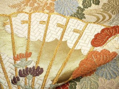 平和屋着物●佐賀錦 六通柄袋帯 唐織 扇草花文 金銀糸 正絹 逸品 CAAY2411hy