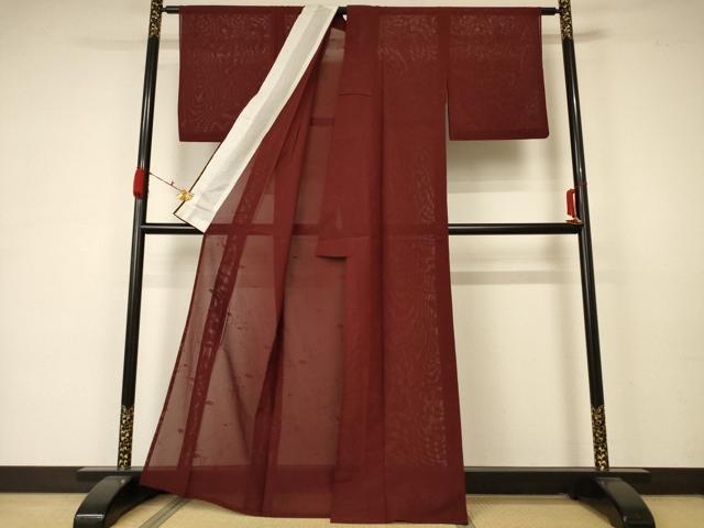 平和屋着物＊夏物 色無地 絽 草花紋紗 海老茶色 正絹 逸品 AABA6549jd
