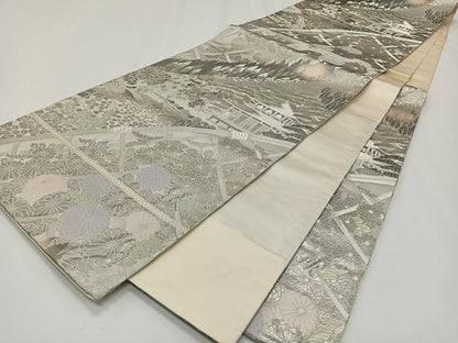 平和屋着物◎六通柄袋帯　唐織　初音絵巻文様　プラチナ箔　正絹　逸品　CAAY0896qv