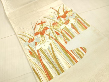 平和屋着物＊夏物　太鼓柄袋帯　唐織　杜若　金銀糸　正絹　逸品　DAAX0305cm
