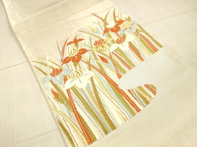 平和屋着物＊夏物　太鼓柄袋帯　唐織　杜若　金銀糸　正絹　逸品　DAAX0305cm
