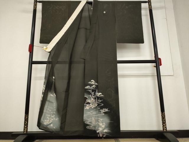平和屋着物＊夏物 アンティーク 黒留袖 絽 流水風景文 両褄 暈し染め 正絹 逸品 AABB0509st