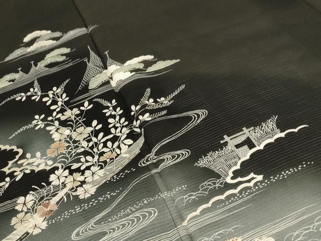 平和屋着物＊夏物 アンティーク 黒留袖 絽 流水風景文 両褄 暈し染め 正絹 逸品 AABB0509st