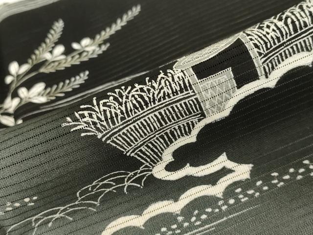 平和屋着物＊夏物 アンティーク 黒留袖 絽 流水風景文 両褄 暈し染め 正絹 逸品 AABB0509st