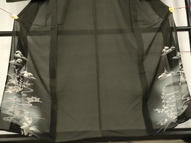 平和屋着物＊夏物 アンティーク 黒留袖 絽 流水風景文 両褄 暈し染め 正絹 逸品 AABB0509st