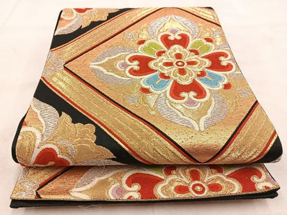 平和屋着物◎六通柄袋帯　唐織　菱天井花文　黒地　金銀糸　正絹　逸品　BAAU8651yc