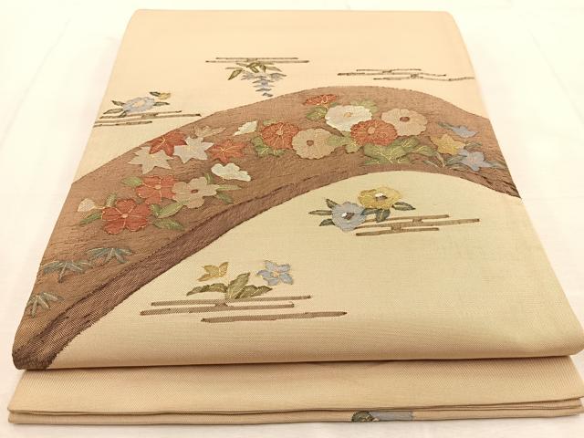 平和屋着物◎太鼓柄袋帯　すくい織　草花文　金糸　銀座おおぎ屋扱い　正絹　逸品　BAAU8723yc