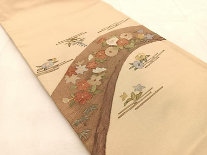 平和屋着物◎太鼓柄袋帯　すくい織　草花文　金糸　銀座おおぎ屋扱い　正絹　逸品　BAAU8723yc