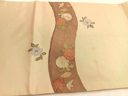 平和屋着物◎太鼓柄袋帯　すくい織　草花文　金糸　銀座おおぎ屋扱い　正絹　逸品　BAAU8723yc
