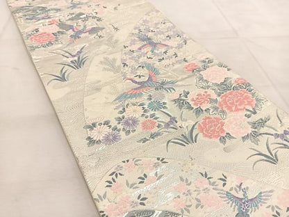 平和屋着物◎六通柄袋帯 唐織 山水花鳥文 銀糸 正絹 逸品 BAAU8754yc