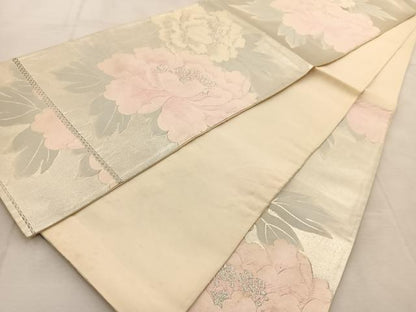 平和屋着物◎六通柄袋帯　唐織　牡丹　銀糸　正絹　逸品　BAAU8757yc