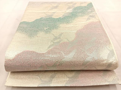 平和屋着物◎六通柄袋帯 群鶴 銀糸 正絹 逸品 BAAU8764yc
