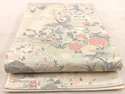 平和屋着物◎六通柄袋帯 唐織 山水花鳥文 銀糸 正絹 逸品 BAAU8754yc
