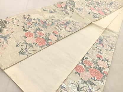 平和屋着物◎六通柄袋帯 唐織 山水花鳥文 銀糸 正絹 逸品 BAAU8754yc