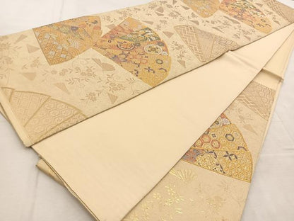 平和屋着物◎六通柄袋帯 檜扇吉祥花鳥文 金銀糸 正絹 逸品 BAAU8752yc