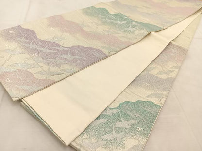 平和屋着物◎六通柄袋帯 群鶴 銀糸 正絹 逸品 BAAU8764yc