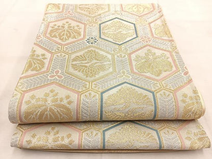 平和屋着物◎六通柄袋帯 唐織 亀甲桐花鳥文 金銀糸 正絹 逸品 BAAU8760yc
