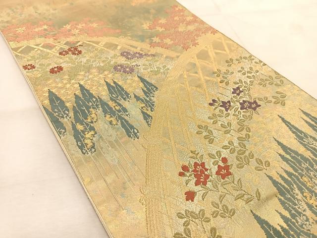 平和屋着物◎西陣　服部織物謹製　六通柄袋帯　洛北光悦寺　こはく錦　金糸　引箔　正絹　逸品　BAAU8756yc