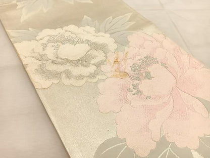 平和屋着物◎六通柄袋帯　唐織　牡丹　銀糸　正絹　逸品　BAAU8757yc