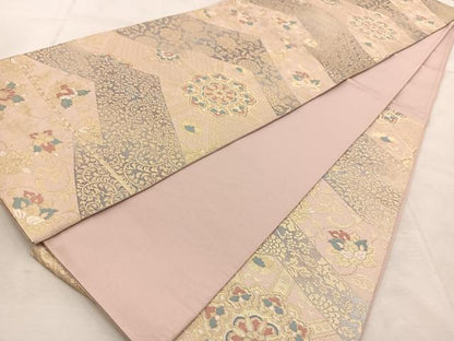 平和屋着物◎六通柄袋帯 唐織 松皮菱更紗花文 金銀糸 正絹 逸品 BAAU8795yc