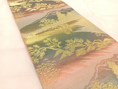 平和屋着物◎六通柄袋帯 遠山風景文 金糸 正絹 逸品 未使用 BAAU8786yc