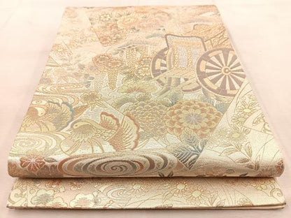 平和屋着物◎六通柄袋帯 切嵌御所車花鳥文 金銀糸 正絹 逸品 BAAU8796yc