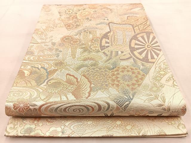 平和屋着物◎六通柄袋帯 切嵌御所車花鳥文 金銀糸 正絹 逸品 BAAU8796yc