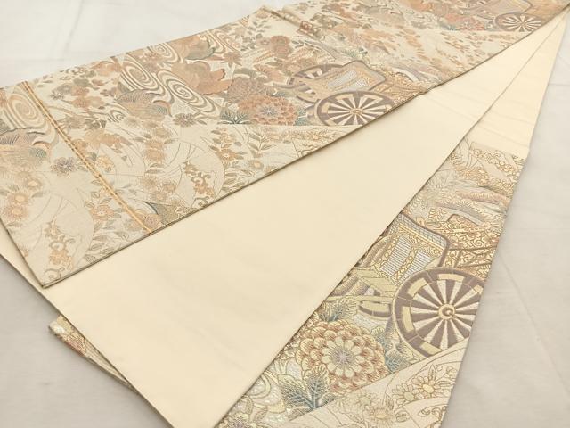 平和屋着物◎六通柄袋帯 切嵌御所車花鳥文 金銀糸 正絹 逸品 BAAU8796yc