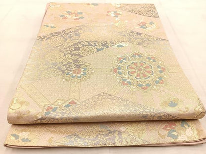 平和屋着物◎六通柄袋帯 唐織 松皮菱更紗花文 金銀糸 正絹 逸品 BAAU8795yc