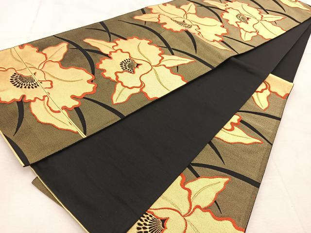 平和屋着物◎六通柄袋帯　唐織　カトレア　黒地　金糸　正絹　逸品　BAAU8787yc