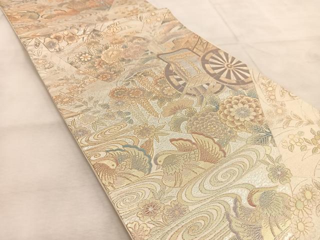 平和屋着物◎六通柄袋帯 切嵌御所車花鳥文 金銀糸 正絹 逸品 BAAU8796yc