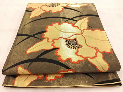 平和屋着物◎六通柄袋帯　唐織　カトレア　黒地　金糸　正絹　逸品　BAAU8787yc