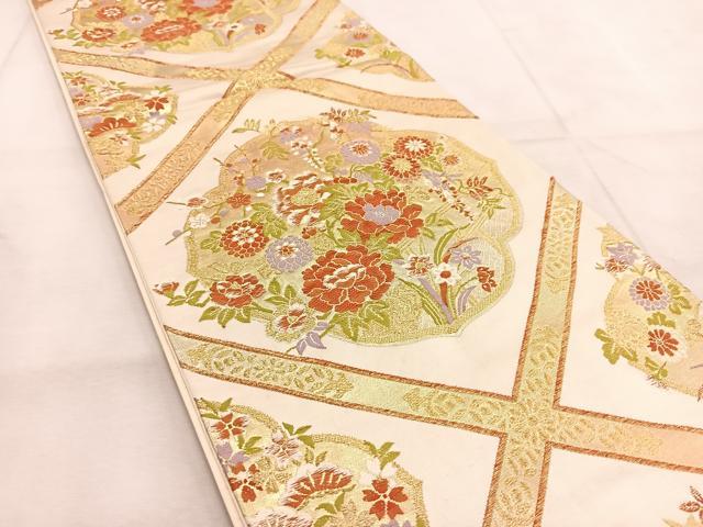 平和屋着物◎六通柄袋帯 唐織 菱天井花文 金糸 正絹 逸品 BAAU8845yc