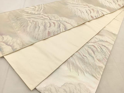 平和屋着物◎六通柄袋帯　重ね山文　銀糸　正絹　逸品　未使用　BAAU8835yc