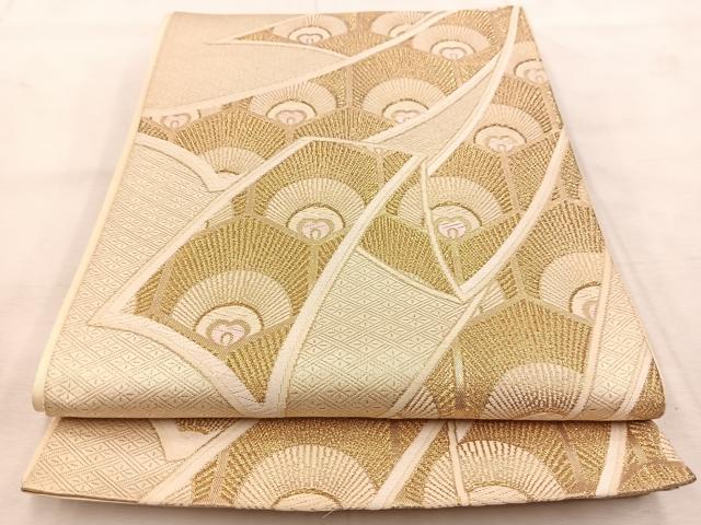 平和屋着物◎六通柄袋帯 唐織 熨斗孔雀羽文 金糸 正絹 逸品 BAAU8807yc