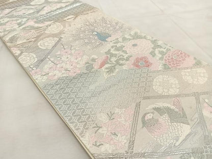 平和屋着物◎六通柄袋帯 唐織 花鳥遊生文 銀糸 正絹 逸品 BAAU8814yc