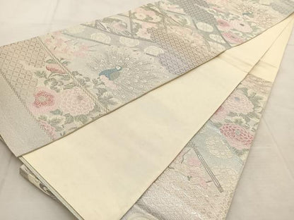 平和屋着物◎六通柄袋帯 唐織 花鳥遊生文 銀糸 正絹 逸品 BAAU8814yc